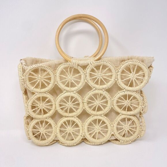 Multi Circle Summer Beach Bag Tote Orange Slice Open Lined Natural Round Handles - Picture 2 of 10